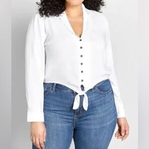 Women's White Button-Down Cropped Blouse with Self-Tie, ModCloth, Plus Size